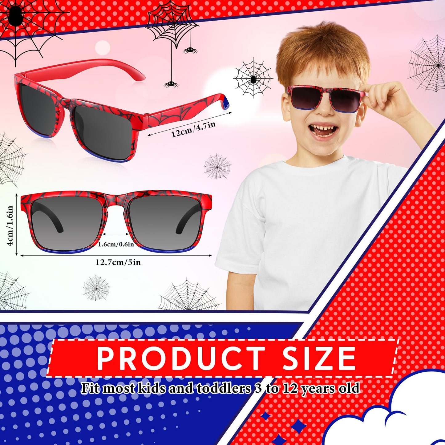 Jeere 12 Pack Spider Sunglasses for Kids Party Favors, Plastic Sunglasses for Summer Pool Beach Accessories, Birthday Gifts