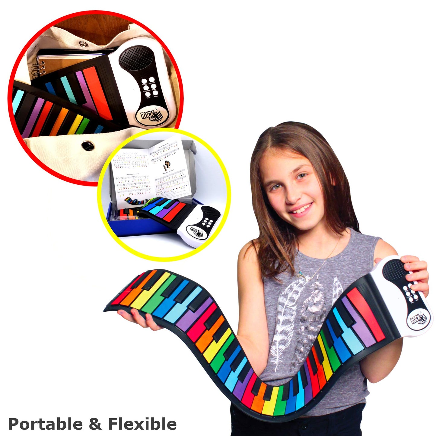 Mukikim Rock And Roll It - The Original Rainbow Piano. Roll Up Flexible Piano Keyboard For Kids / Beginners. Portable 49 Keys Silicone Piano Pad. Play-By-Color Songbook Included!