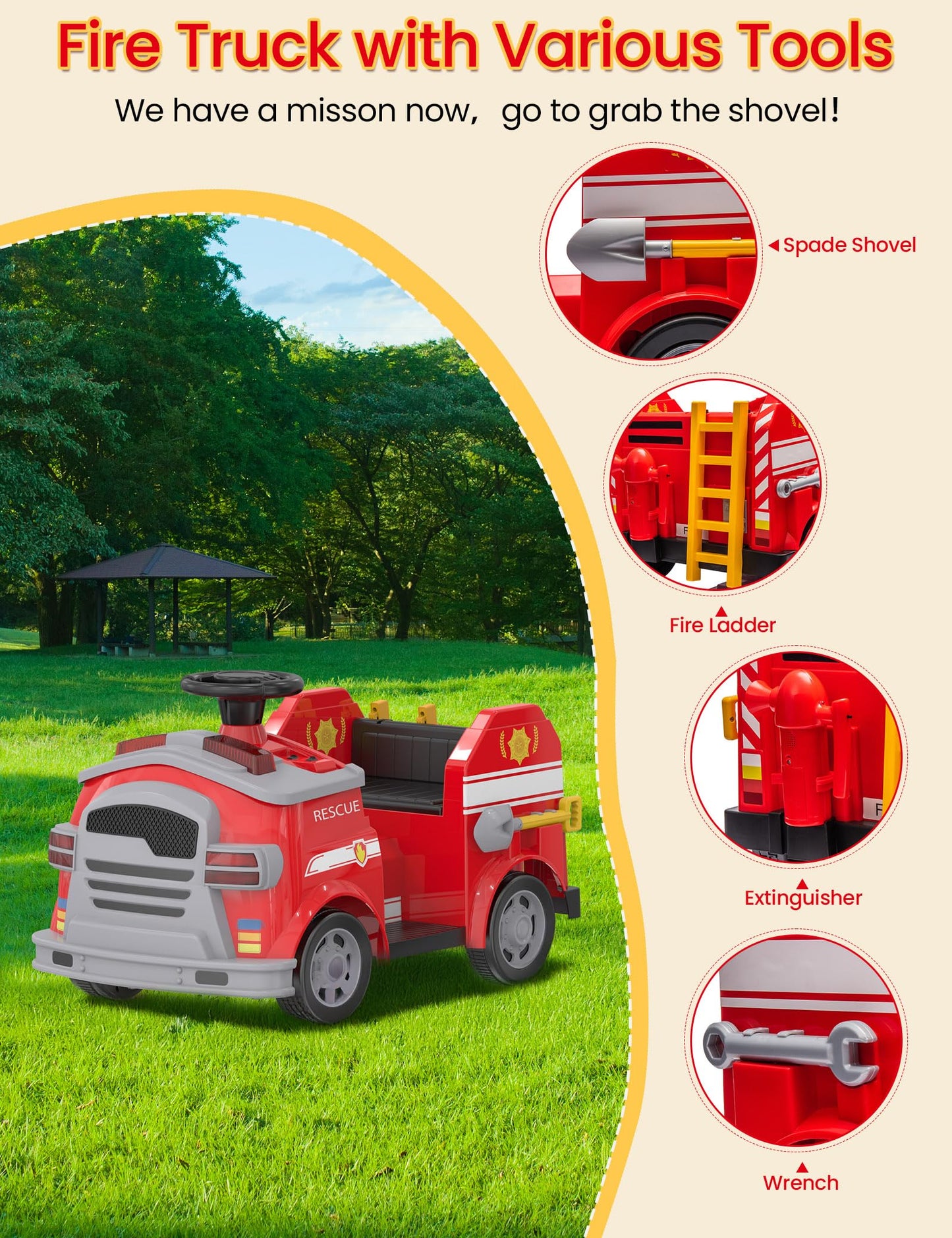 Bupplee 12V Electric Ride-On Fire Truck For Toddlers, Kids Vehicle With Toy Fire Extinguisher, Alarm Lamp, Siren-Call, Wrench Se