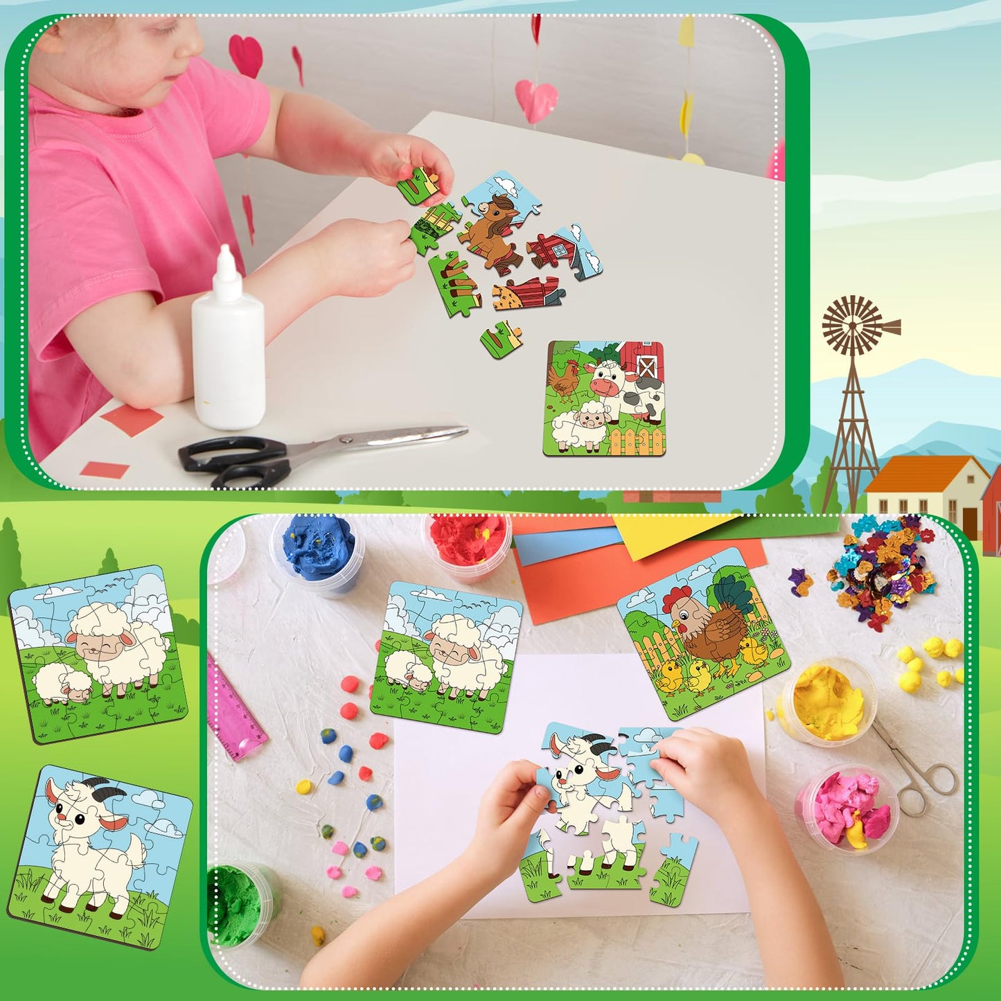 Realspring 24 Pack Farm Animal Jigsaw Puzzles for Kids, DIY Coloring Crafts, 3.94x3.94 inches, Paper, Model CHU-Realspring-2733