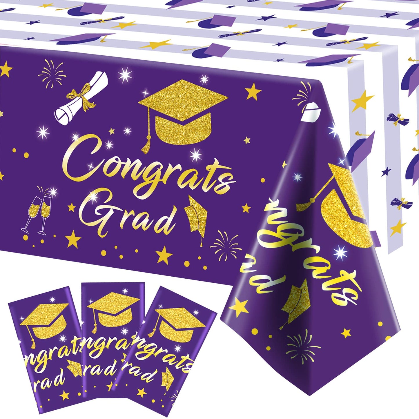 Graduation Tablecloth Party Decorations 2024, 3 Pack Purple Large Size 54''X108'' Congrats Grad Disposable Rectangle Table Cover