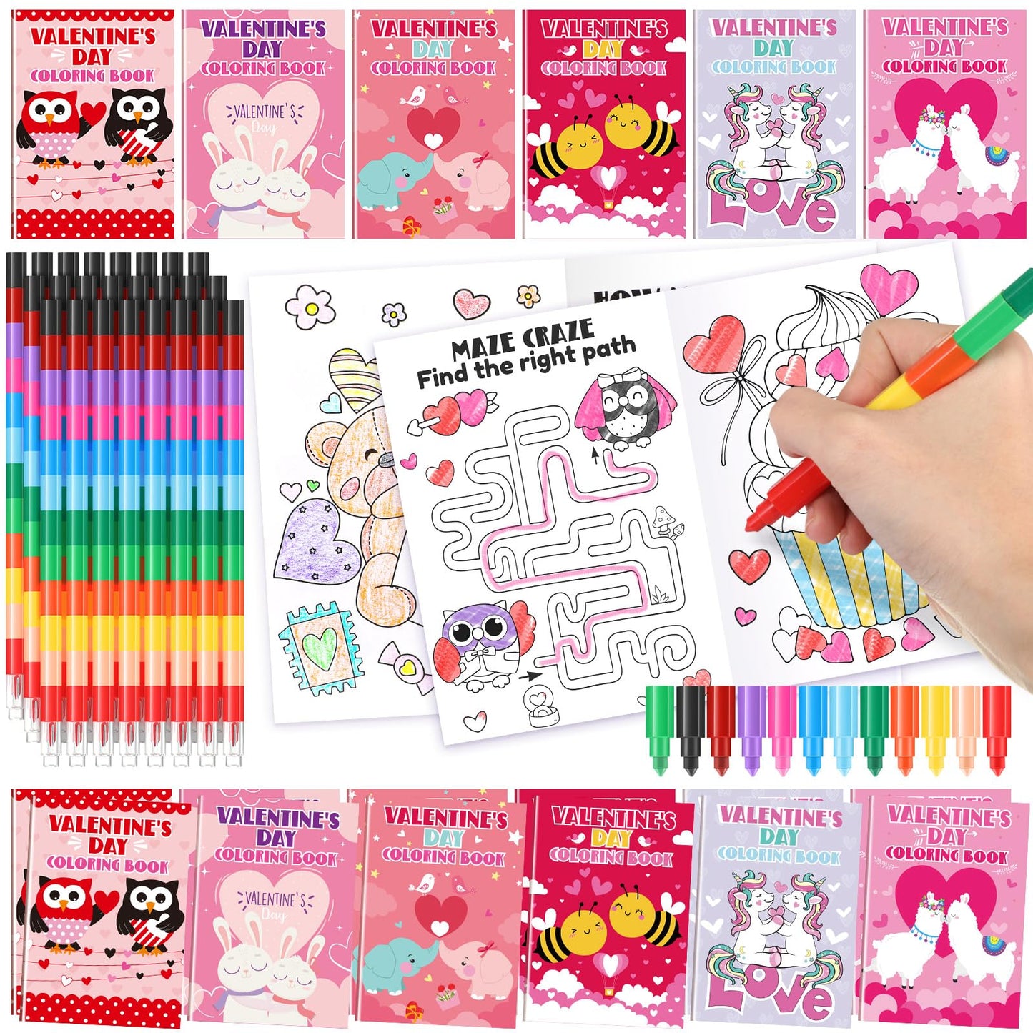 Motipuns 24 Pack Valentines Day Theme Coloring Book with 24 Stacking Crayons Sets for Kids Valentine Party Favor, Mini Coloring
