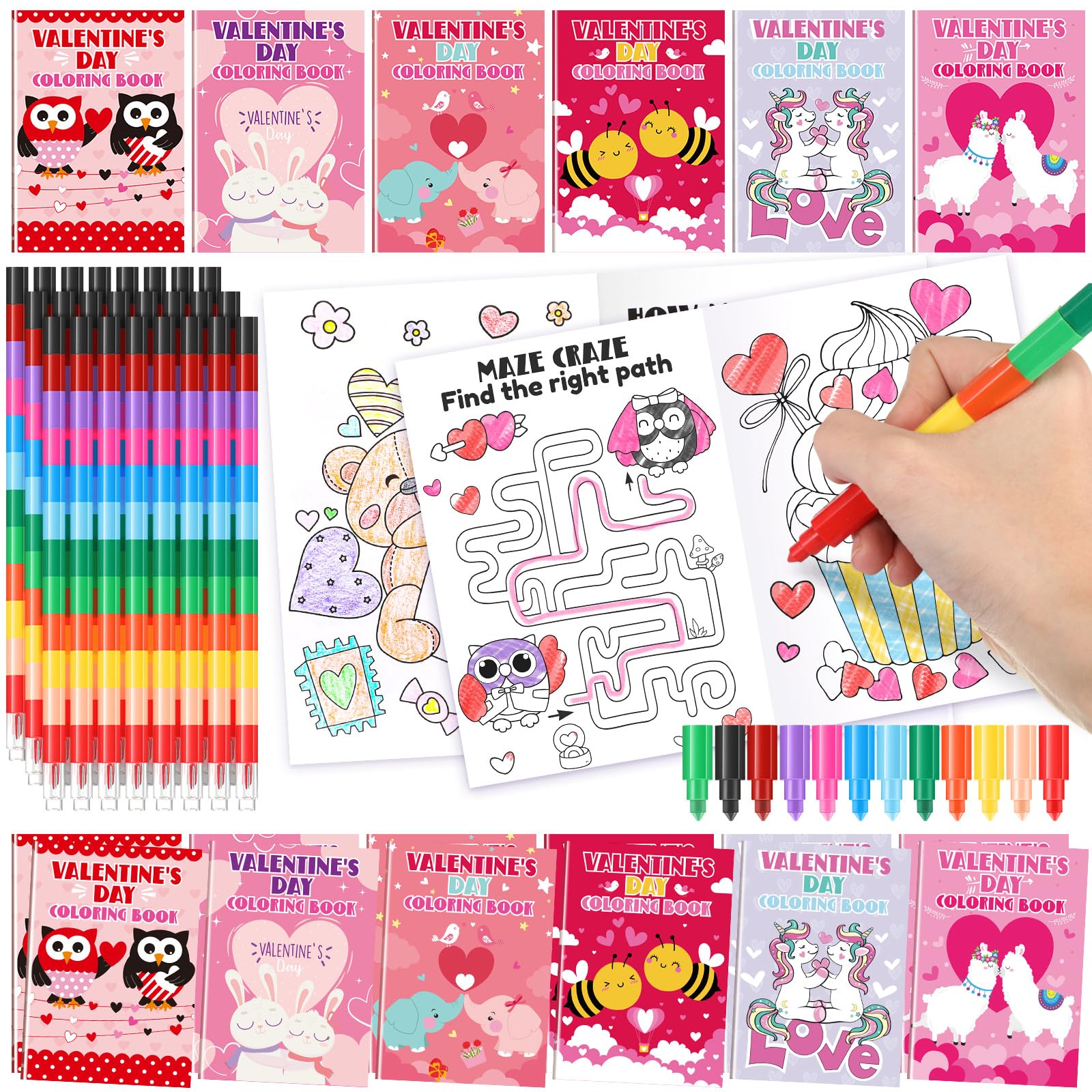 Motipuns 24 Pack Valentines Day Theme Coloring Book with 24 Stacking Crayons Sets for Kids Valentine Party Favor, Mini Coloring