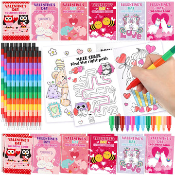 Motipuns 24 Pack Valentines Day Theme Coloring Book with 24 Stacking Crayons Sets for Kids Valentine Party Favor, Mini Coloring