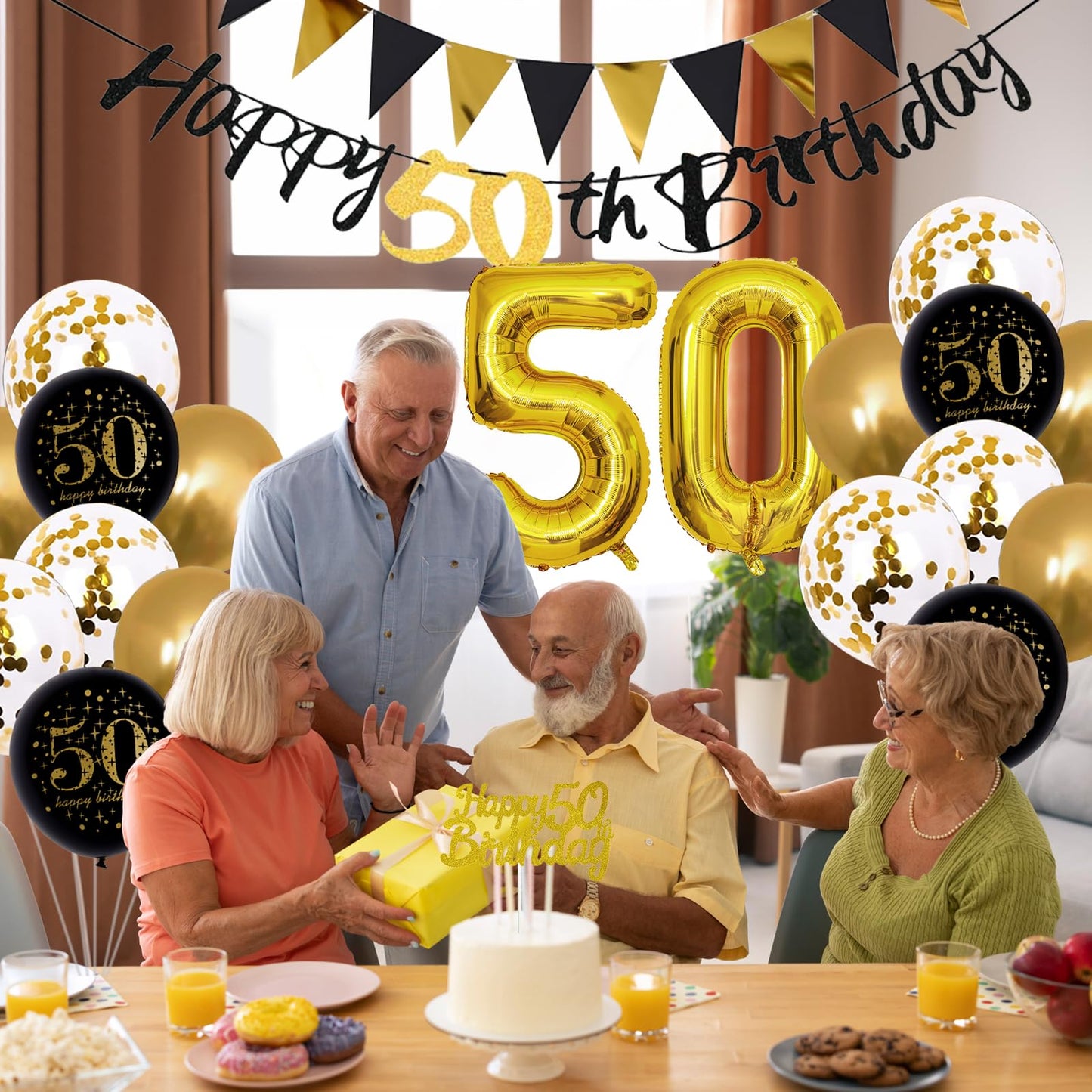 Jobkoo 50Th Birthday Decoration Men, 50Th Birthday Black Gold Latex Balloons Black Happy 50Th Birthday Banners 50 Cake Toppers 5