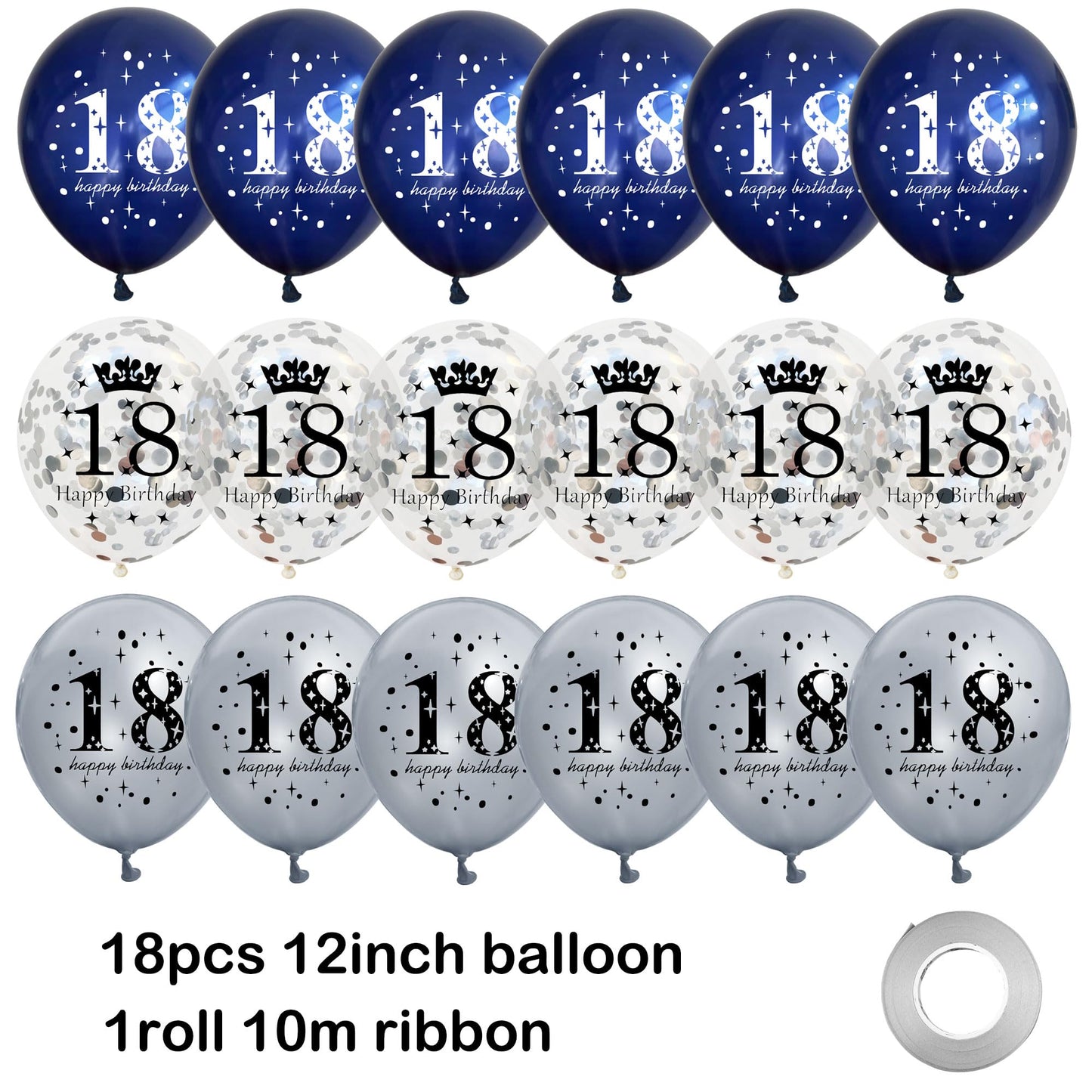 UniBirthLon 18Pcs Navy Blue Silver 18th Birthday Balloons Decoration, Rubber Latex Confetti Balloons for Men Women Party Décor