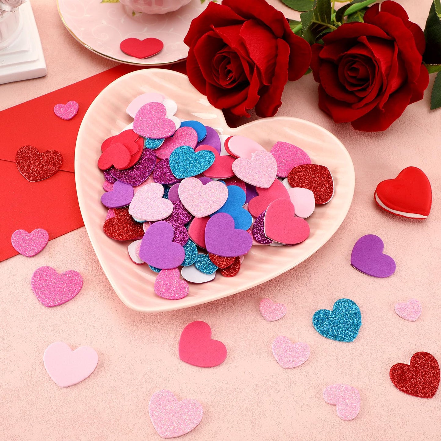SEPGLITTER Heart Foam Stickers, 600Pcs Valentines Day Glitter Matte Love Heart Shaped Self Adhesive Foam Stickers Decals for Ki