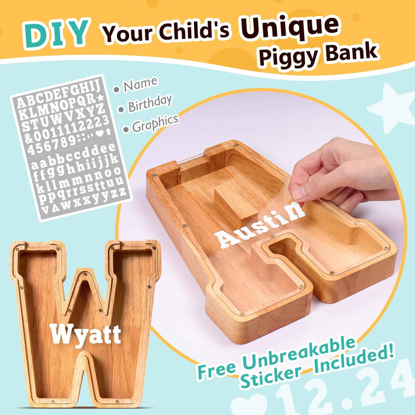 SummiDate Wooden Letter Piggy Bank| Piggy Bank for Boys Girls Toddler| Alphabet W Money Bank| Coin Bank Birthday Gift for Kids|Birthday Gift for Kids (W)