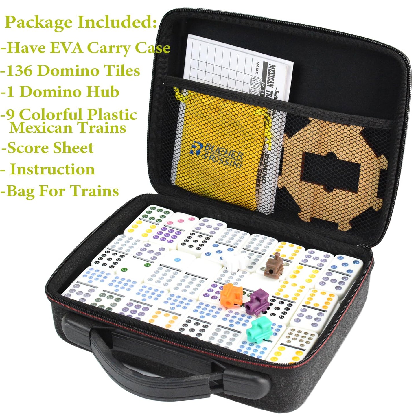 Bucher&Rossini Mexican Train Dominoes Set Double 15, 136 Colored Dot Tiles With Hard Eva Carry Case For Kids & Adults Dominoes Board Game