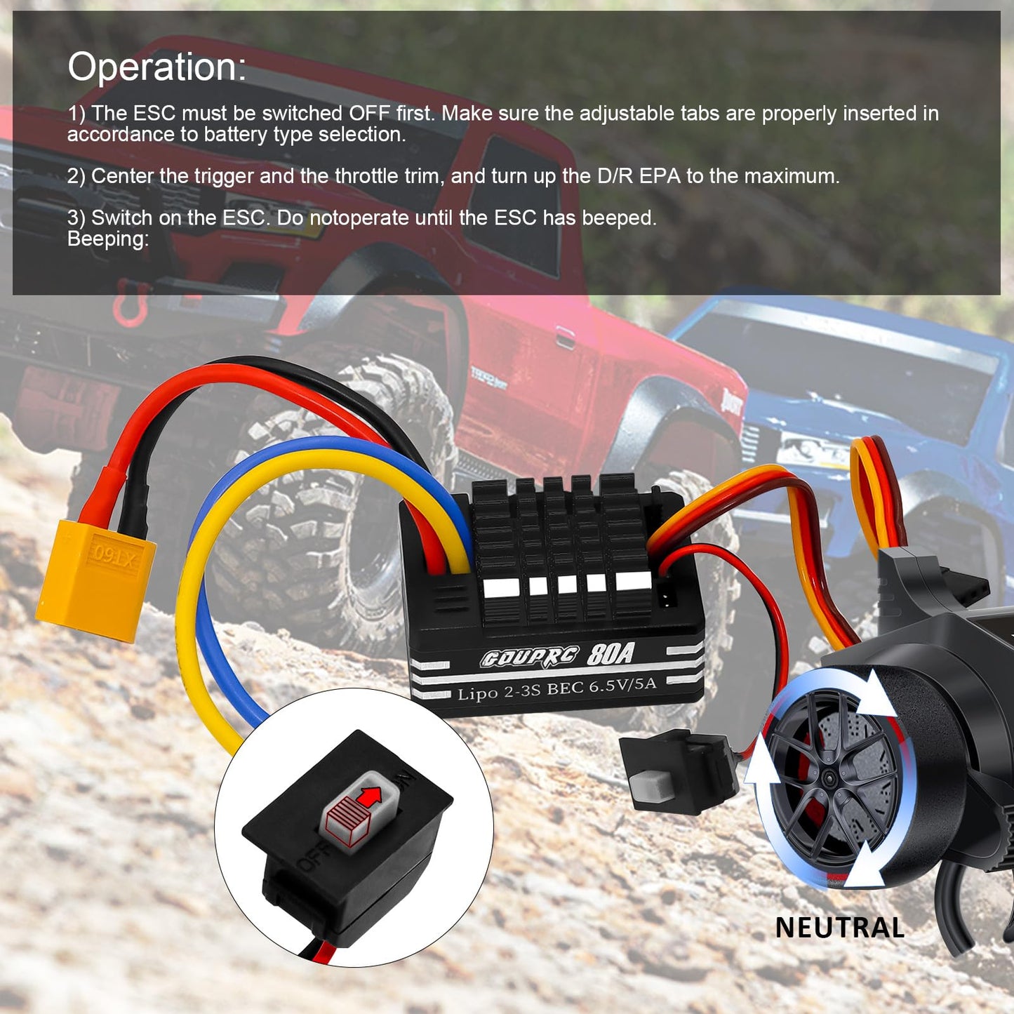 GOUPRC 2S-3S LiPo Metal 80A Brushed ESC Electronic Speed Controller T-plug/XT60 Plugs for 1/10 RC Car RC Boat for use with 540/5