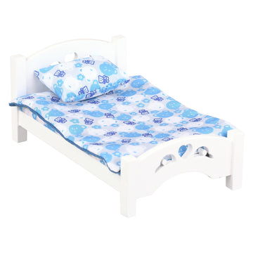 Dollhouse Furniture Mini Kid’S Bed Set, Realistic Bedroom Accessories For 6 Inch Dolls, Pink Bedding, White Wood, 1/12 Scale