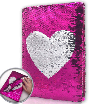 Sequin Girls Journal for Kids  8.5x5.5  160 Lined Pages Diary for Girls Heart Pattern Reversible Flip Sequence Notebook for Teenage Pre School Writing Drawing Travel Gifts (Rose Red-Sliver)