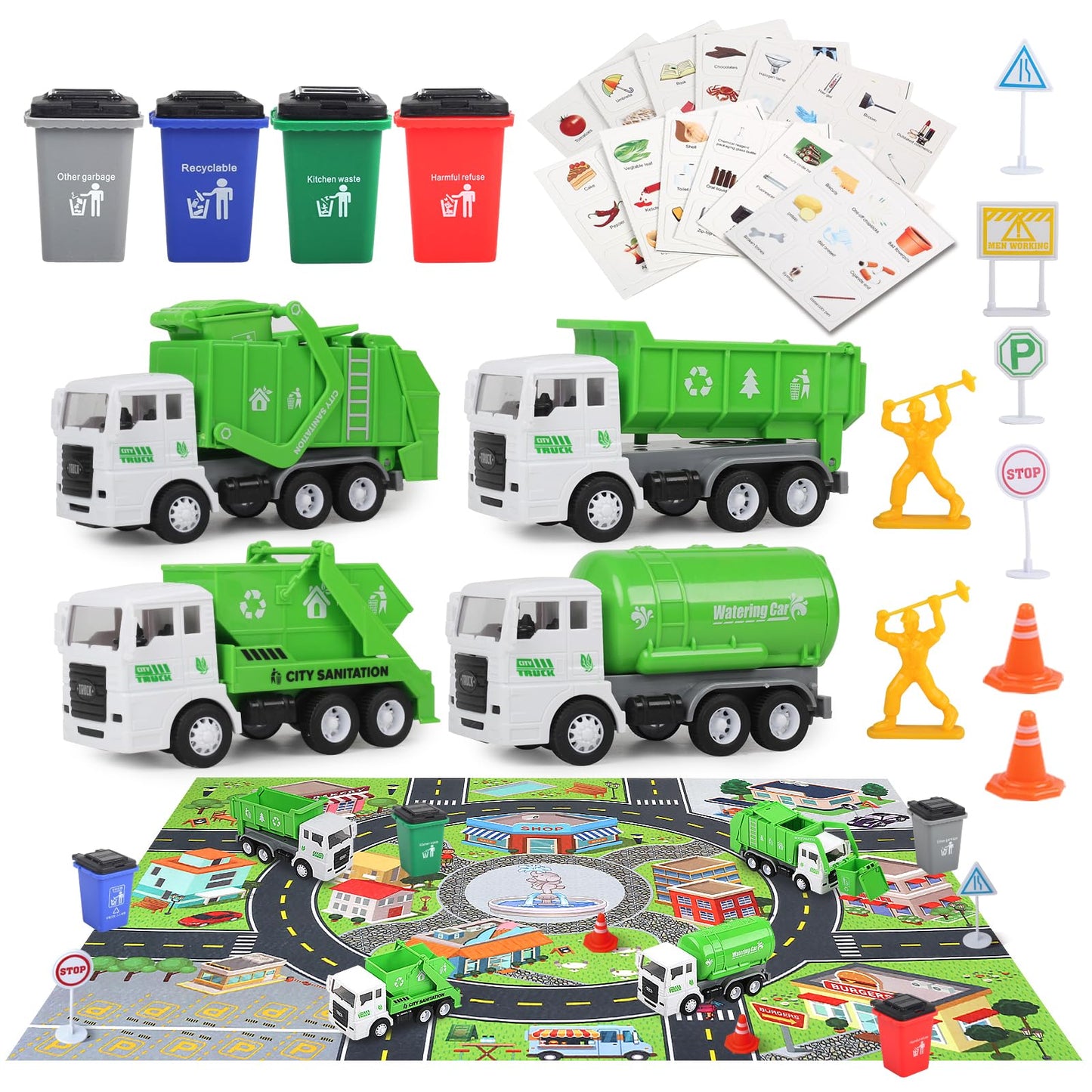 FIVEDAOGANG Small Garbage Truck Toy, 4 pcs Friction Powered Trash Truck Toys with Kids Playmat Car Rug, 8 pcs Roadblock Signpost