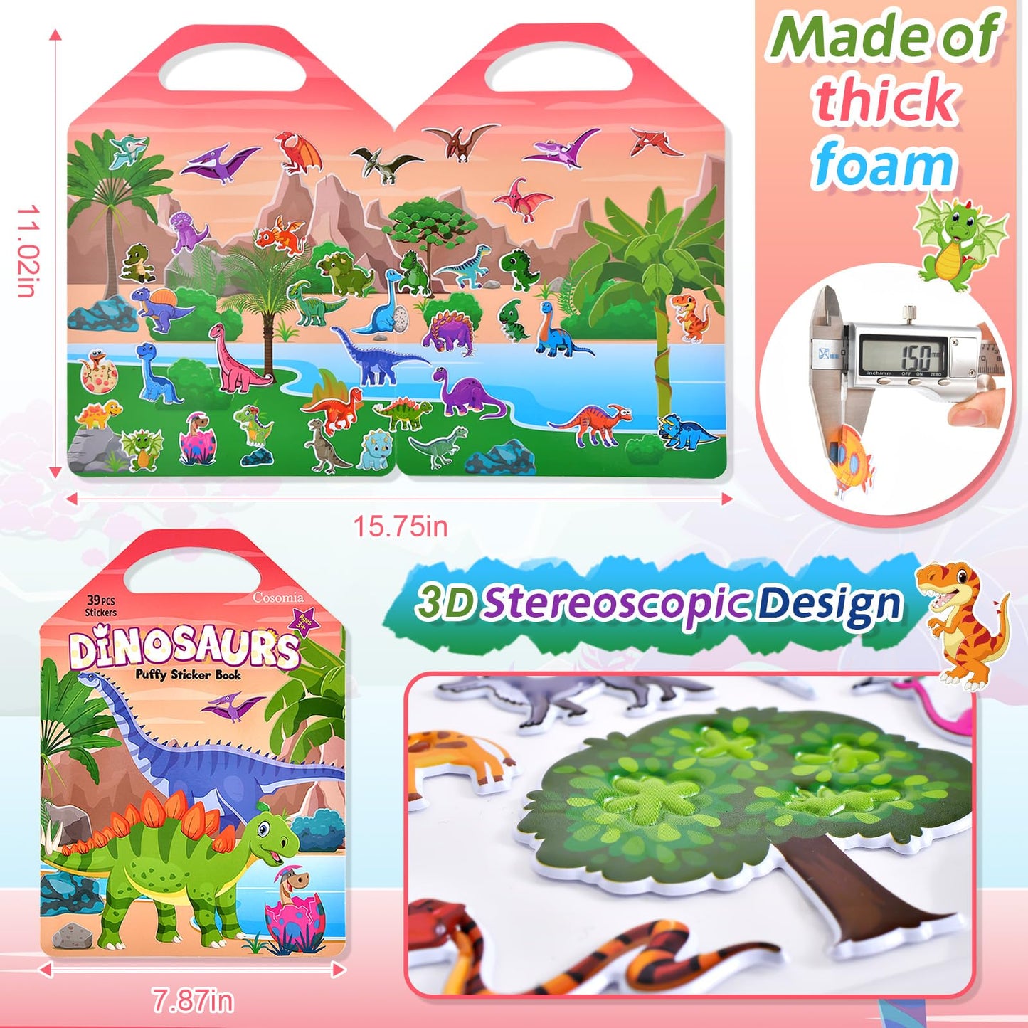 6 Set (260pcs) Puffy Sticker Books Activity for Kids, Animal, Farm, Dinosaurs, Space, Vehicle, Ocean, 3D Reusable Stickers for B