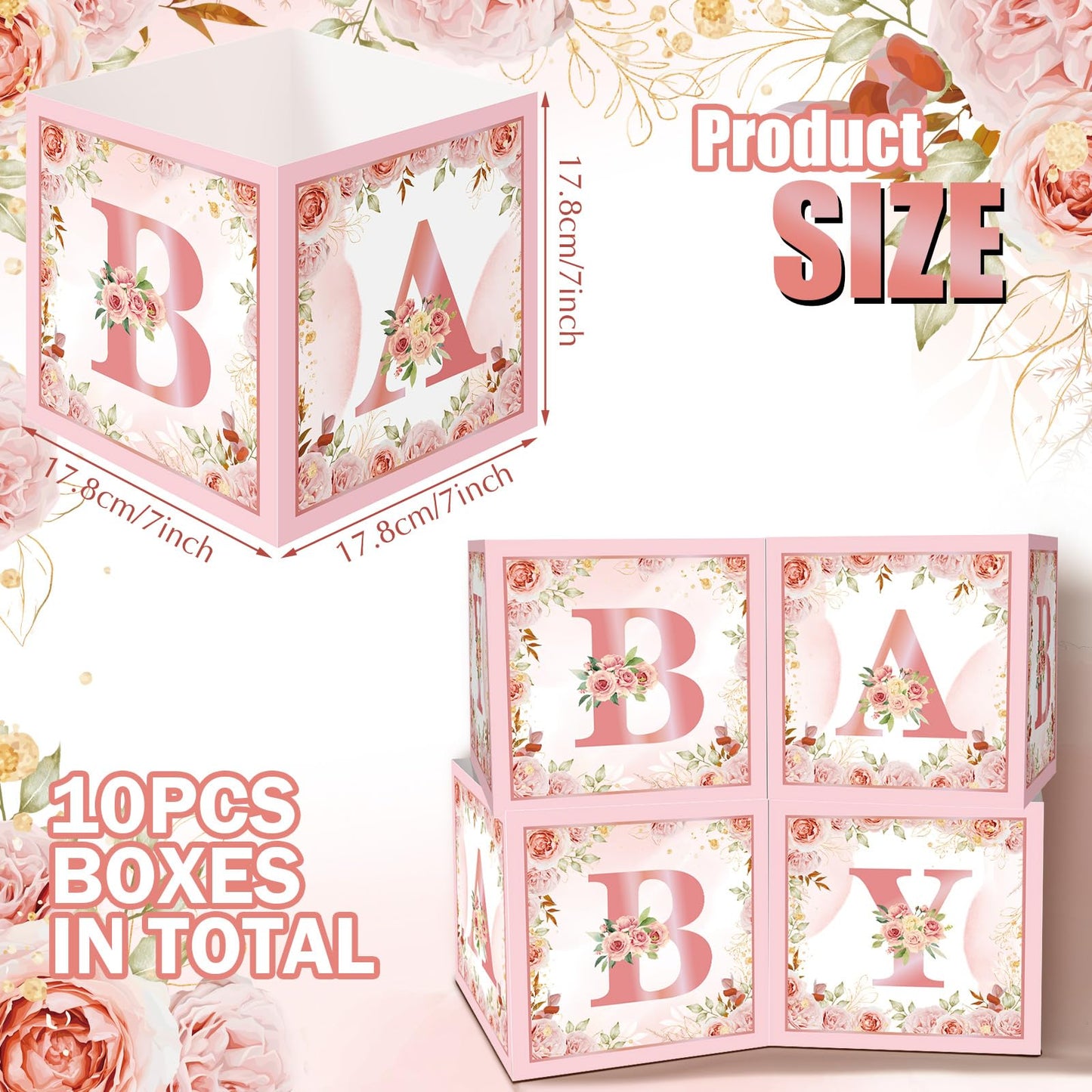 Jetec 10 Piece 7X 7X 7 Inch Baby Shower Centerpiece Boxes Baby Shower Party Decorations Table Display With Letters Gender Reveal Party Favor Block Holder(Floral Style)
