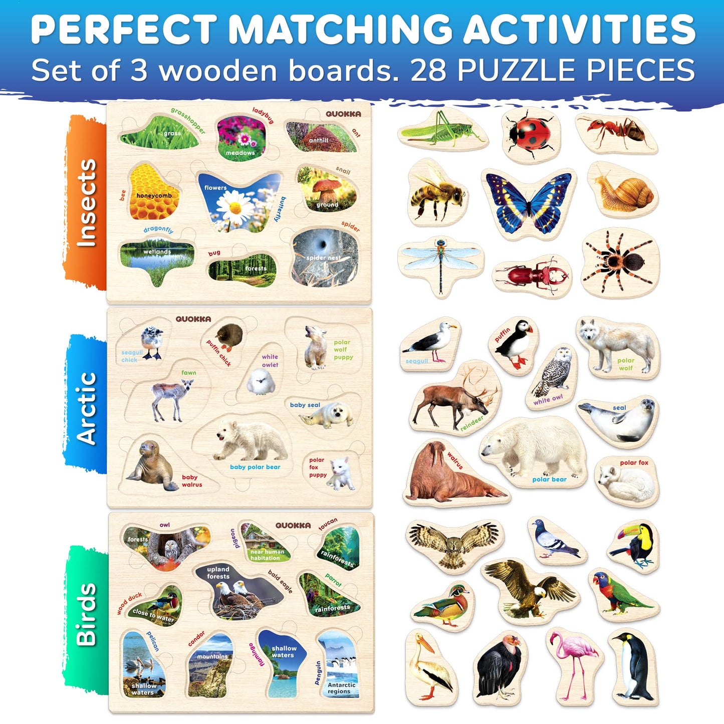 Quokka Wooden Puzzles For Toddlers 1-3 – 3Xset Kids Puzzles Ages 2-4 – Montessori Toy Puzzles For Toddlers 3-5 – Wood Toy Learning Realistic Insects - Arctic Animals - Birds For Boy And Girl