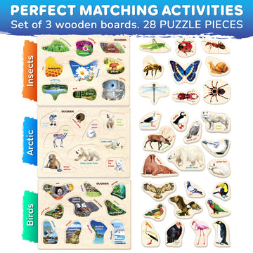 Quokka Wooden Puzzles For Toddlers 1-3 – 3Xset Kids Puzzles Ages 2-4 – Montessori Toy Puzzles For Toddlers 3-5 – Wood Toy Learning Realistic Insects - Arctic Animals - Birds For Boy And Girl