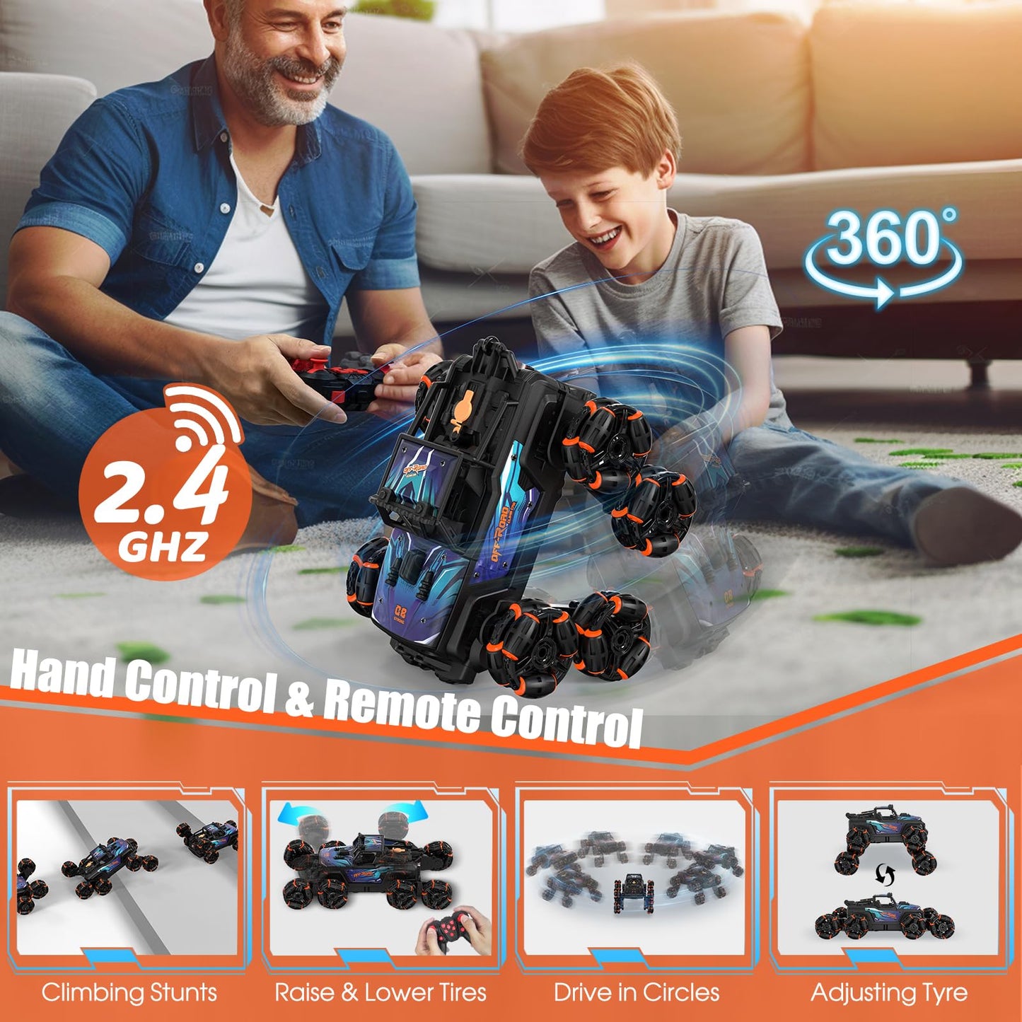 Hand Controlled RC Stunt Car: 8WD Gesture Sensing Remote Control Cars, 8 Wheels, 360 Rotation Toys Car, Rechargeable RC Cars for