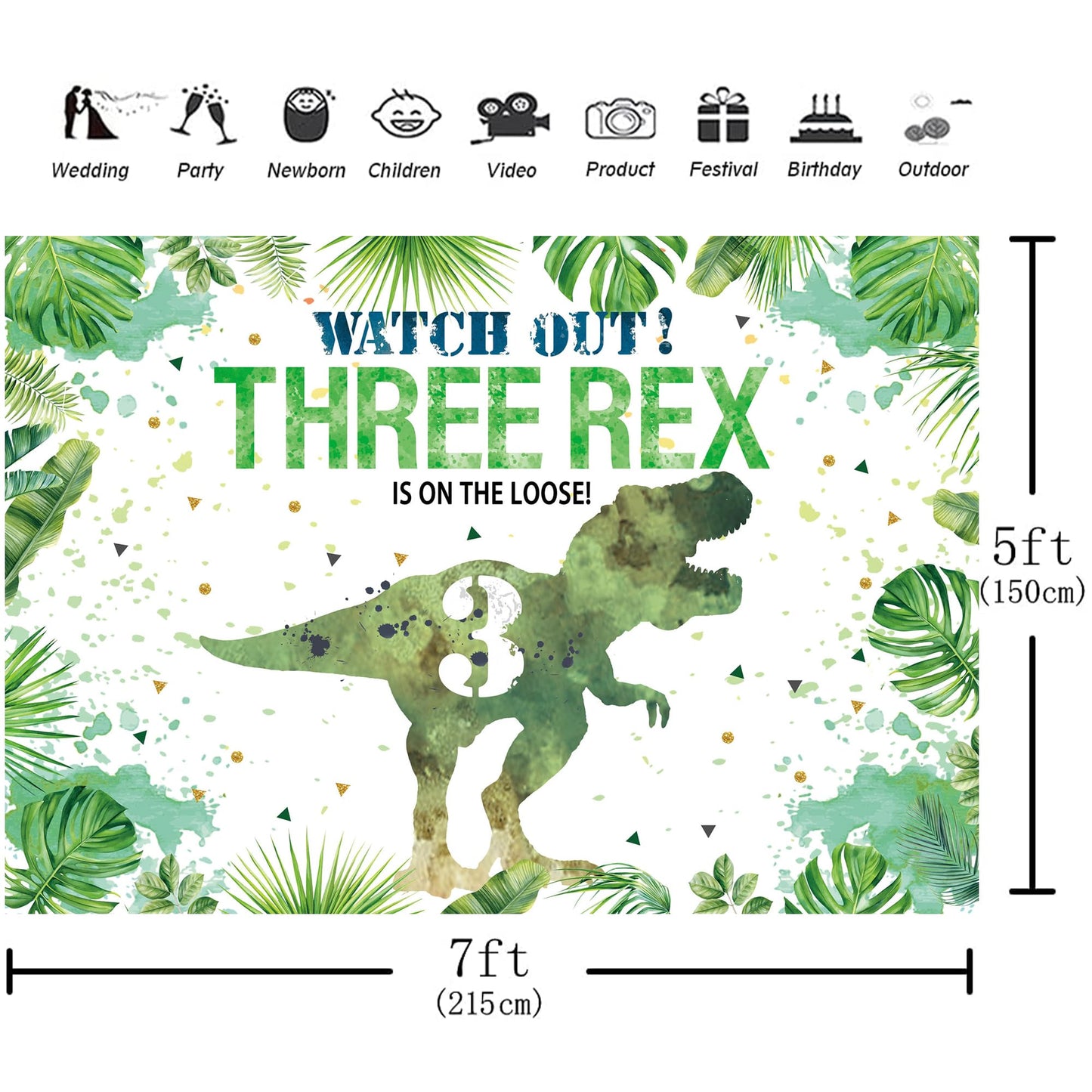 Hilioens Dinosaur Birthday Backdrop, 7'×5', Green Polyester, Model BK-068-WD, 3rd Birthday Party Decorations