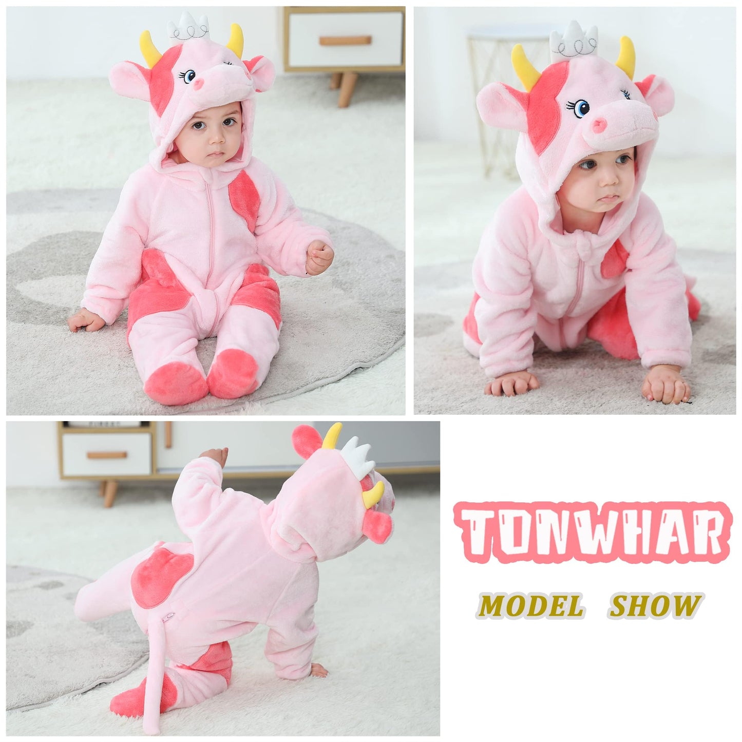 Tonwhar Kid'S And Toddler'S Costume Baby Animal Outfit Baby Boys' Girls' One-Piece Rompers Jumpsuit(3-4T,Pink Cow)