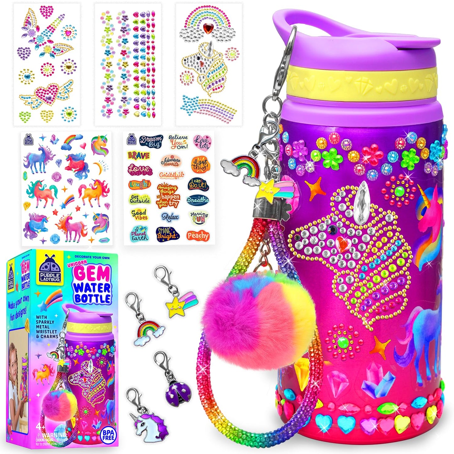 PURPLE LADYBUG Decorate Your Own Water Bottle Kit - Unicorn Color, Metal, Ages 5-10, Perfect for Easter Basket Gifts