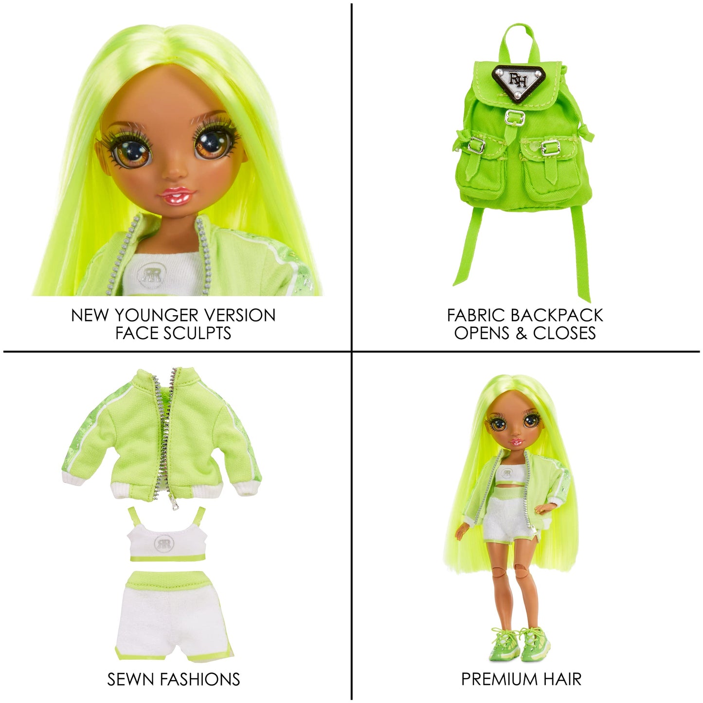 Rainbow High Jr High Series 2 Karma Nichols- 9 NEON Green Posable Fashion Doll with Designer Accessories and Open/Close Backpack