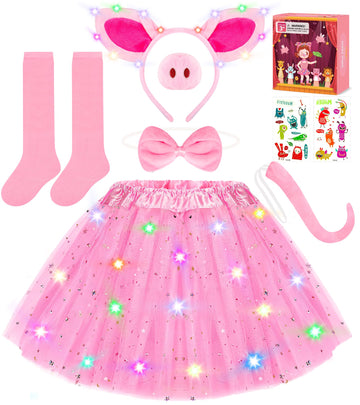 Teuevayl Pig Costume for Girls, Kids Pink Pig Costume with LED Light Up Tutu Skirt, Halloween Costumes for Girl Kid Age 3 4 5 6 