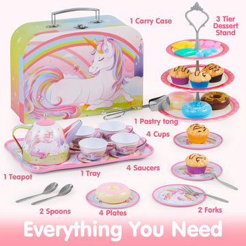 JOYIN 35Pcs Unicorn Tea Party Set for Little Girls, Pretend Tin Teapot Set, Princess Tea Time Play Kitchen Toy with Dessert, Dou