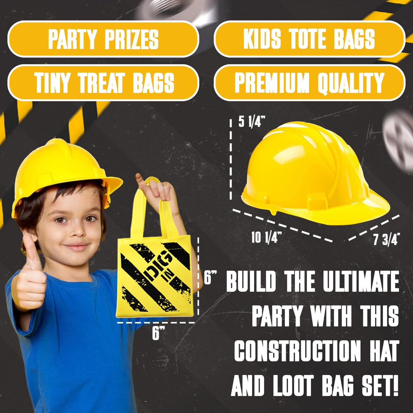 Bedwina Construction Themed Party Supplies - (24 Pack) Construction Party Favors Hat & Mini Tote Bag Supplies - (12) Yellow Cons
