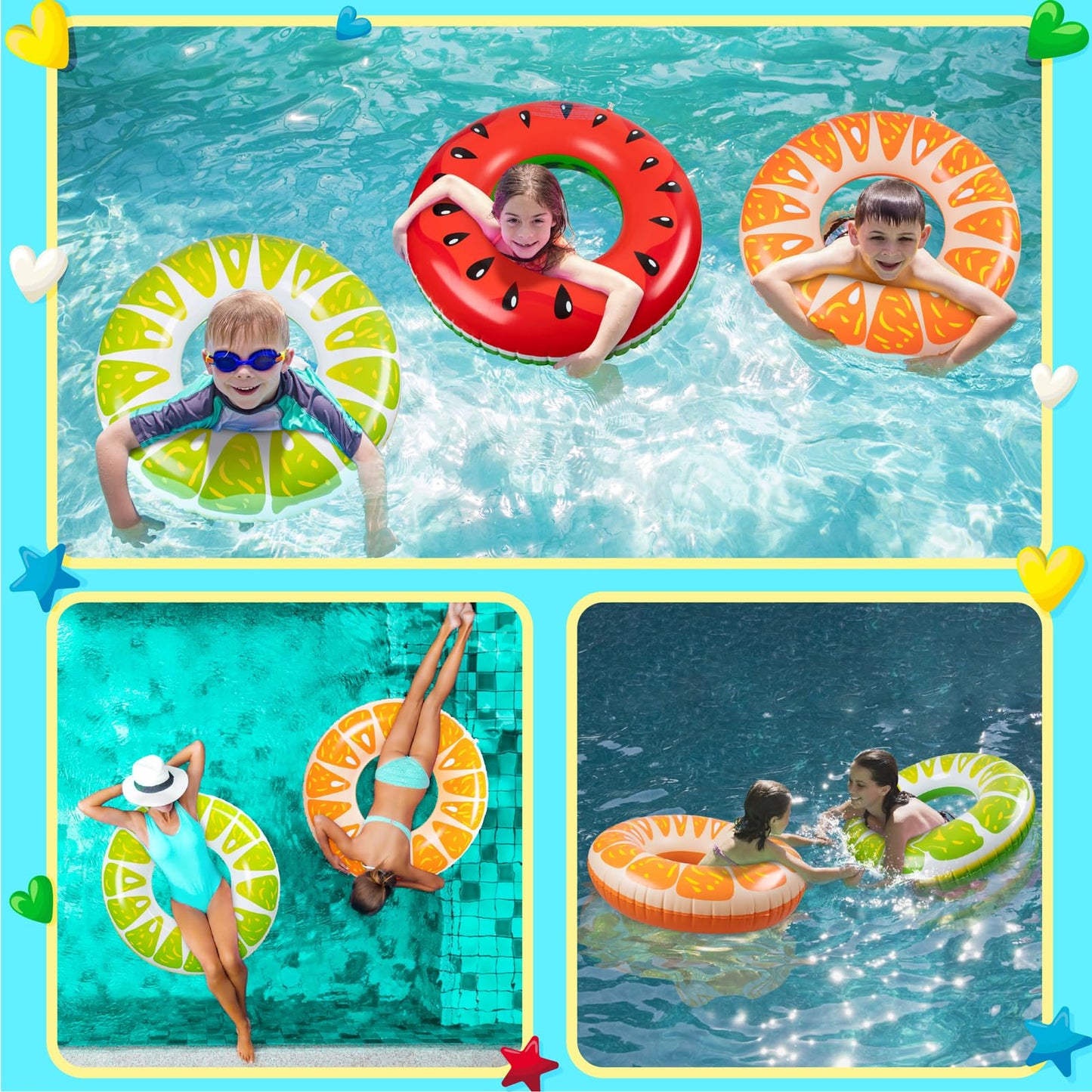90Shine 4Pcs Fruit Pool Floats: Watermelon Kiwi Orange Lime Swimming Rings - Inflatable Tubes Floaties Toys For Kids Adults