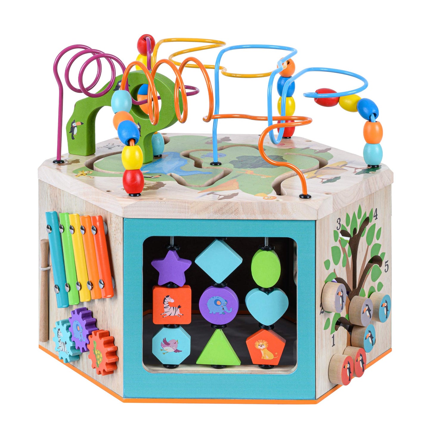 Teamson Kids 7-in-1 Wooden Activity Cube Station - Multicolor Bead Maze & Counting Toy, One Size, Model PS-T0005