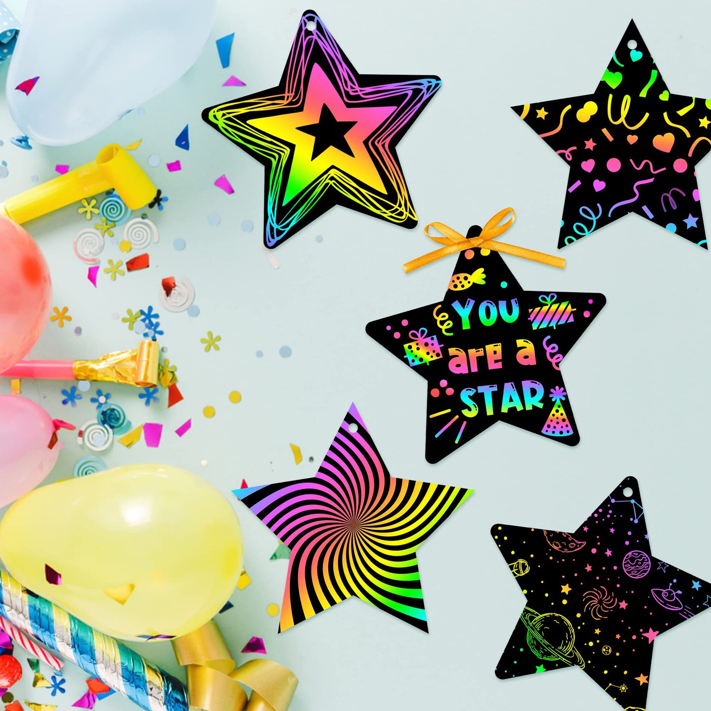 WATINC 60pcs Star Scratch Cards for Magic Color Craft Kit DIY Paper Art Scratch Star Ornament for Kids School Classroom Party Fa