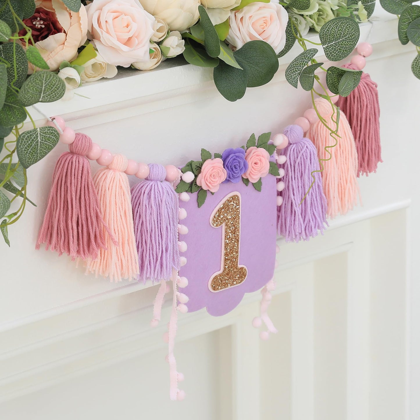 HODIHIWI Handmade Wildflower 1st Birthday High Chair Banner Purple Pink Flower Theme Party Decoration For Girls Wall Hangings De