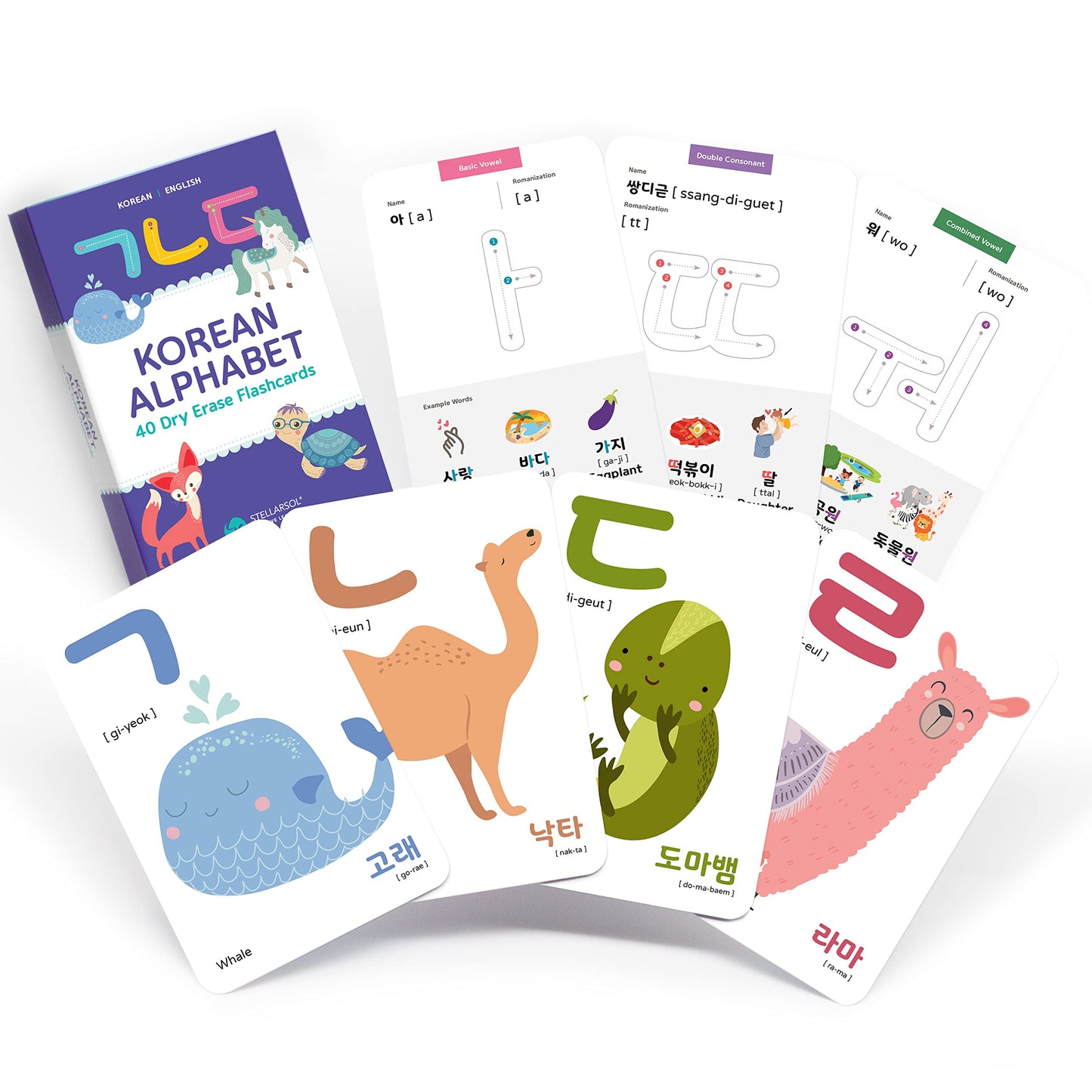 Stellarsol 40 Korean Flash Cards - 4x6 Dry Erase Hangul Flashcards (Gift Box)