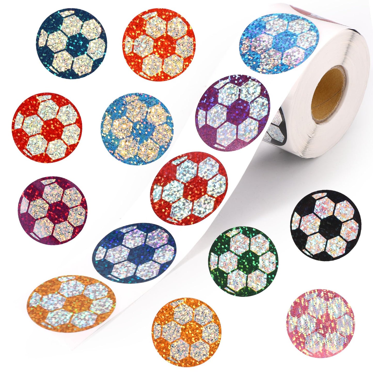 Penitue 500pcs Soccer Stickers, 0.98in/2.5cm Multi-Color Holographic Kids Football Decals Sports Ball Stickers Rolls Gifts for L