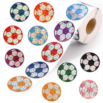 Penitue 500pcs Soccer Stickers, 0.98in/2.5cm Multi-Color Holographic Kids Football Decals Sports Ball Stickers Rolls Gifts for L