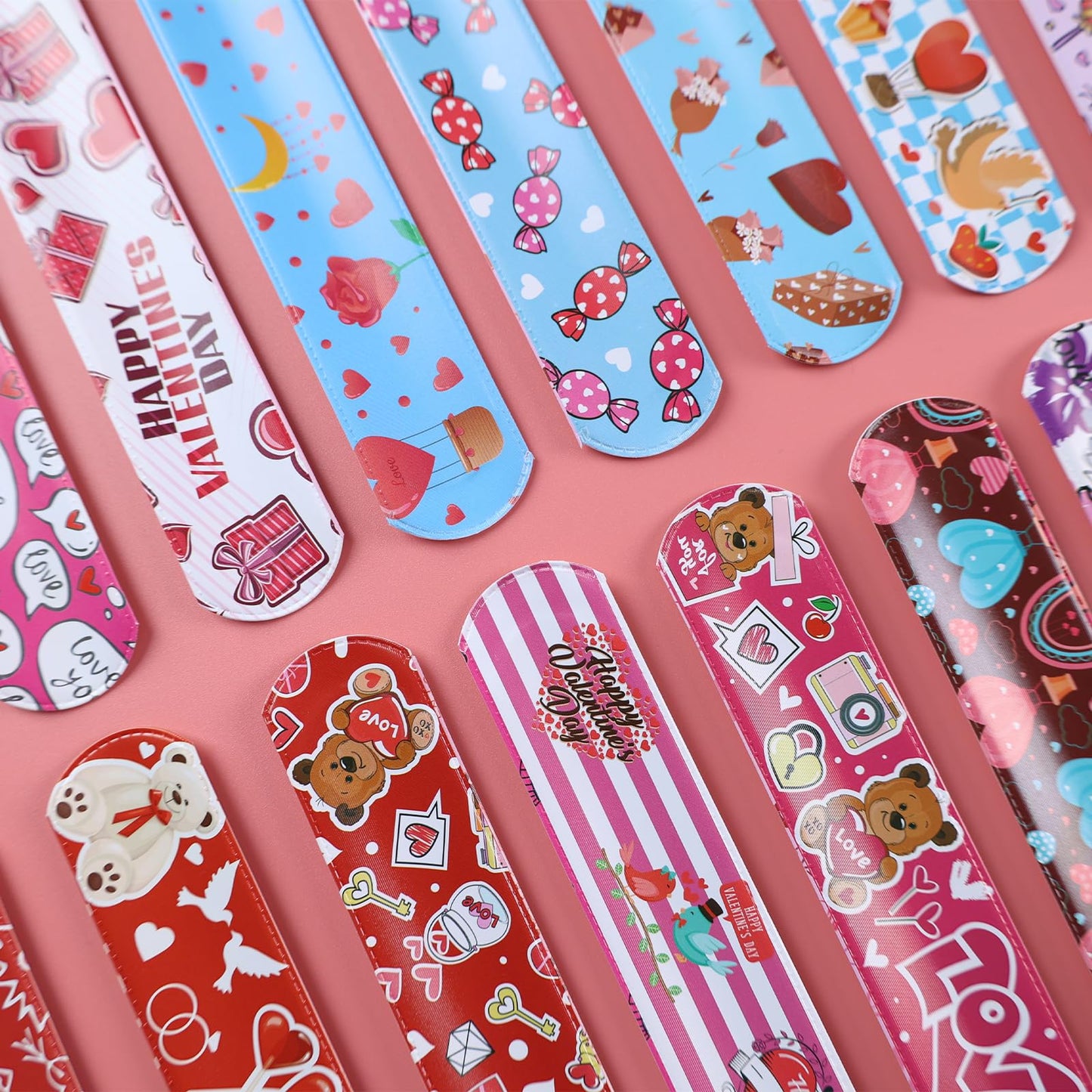 MCPINKY 64PCS Valentines Day Slap Bracelets, Slap Wristbands Assorted Red Valentines Day Snap Bands for Valentine's Day Party Fa
