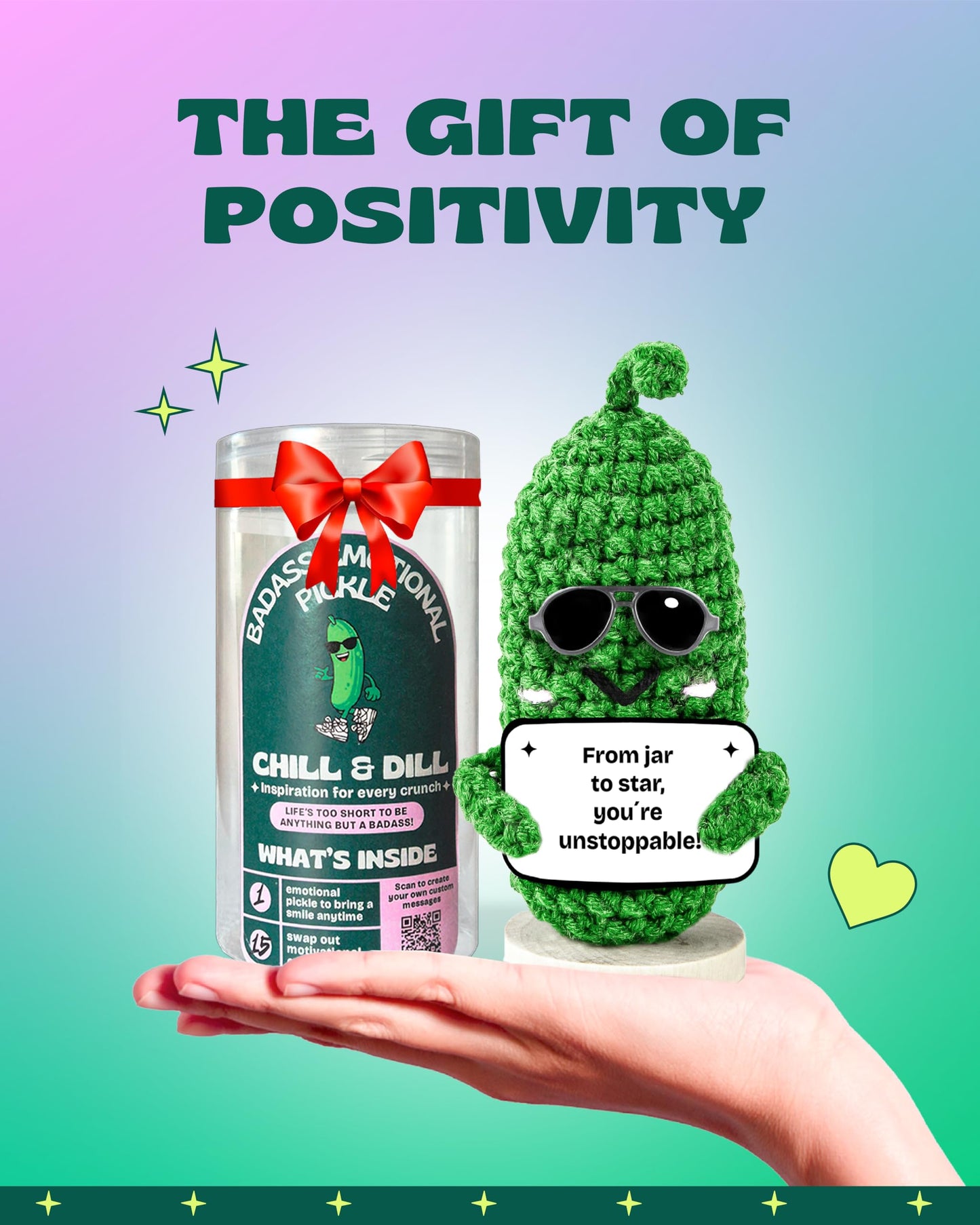 Almacura Crochet Plush Emotional Support Pickle - Green, 2.6x4.7 In, 15 Motivational Cards, Customizable QR Messages, Model EM-PICK-001