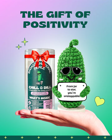Almacura Crochet Plush Emotional Support Pickle - Green, 2.6x4.7 In, 15 Motivational Cards, Customizable QR Messages, Model EM-PICK-001