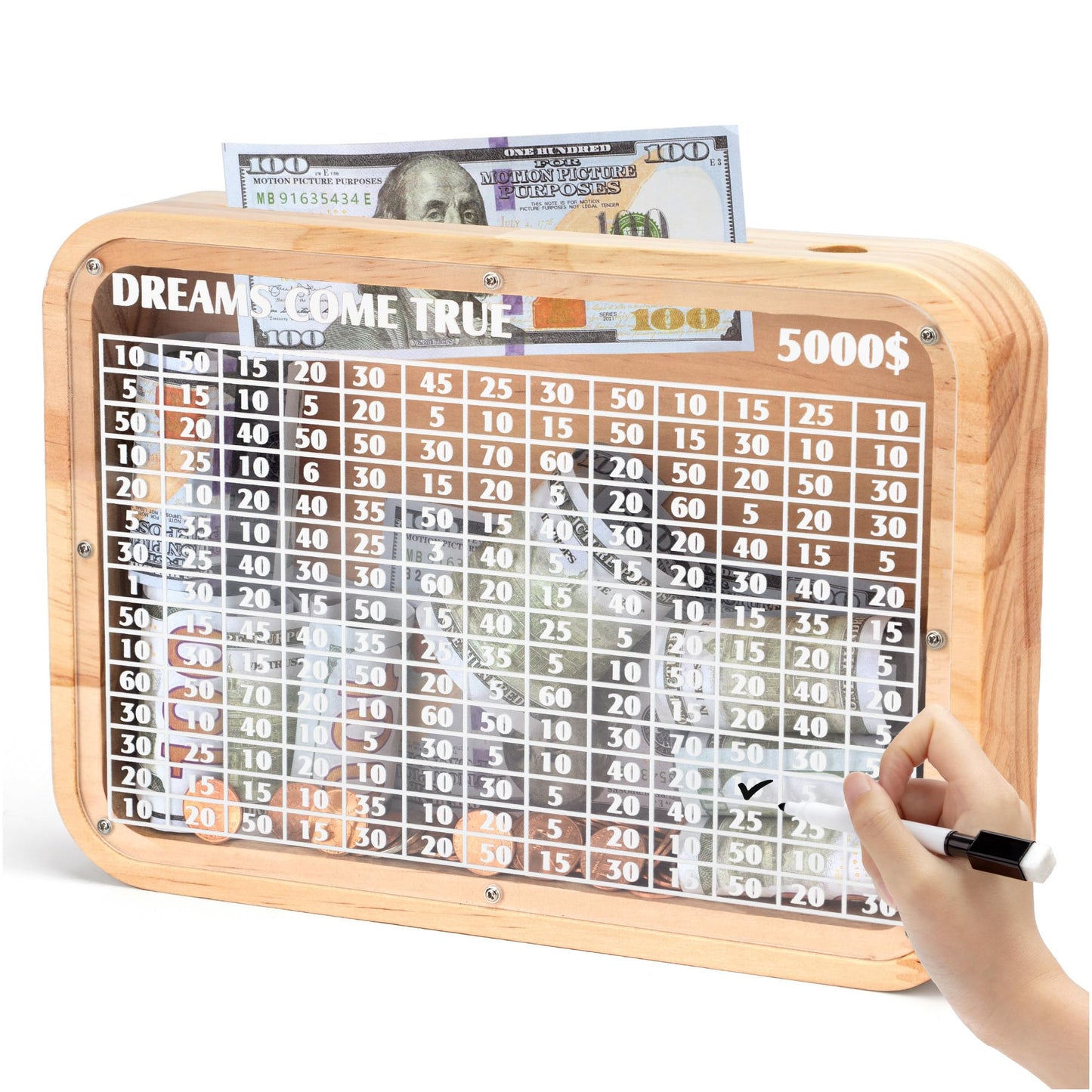 Wooden Money Saving Box With Cash Vault $5000 Piggy Bank For Adults Kids Boys With Counter Coin Challenge Bank For Girls (Target $5000)