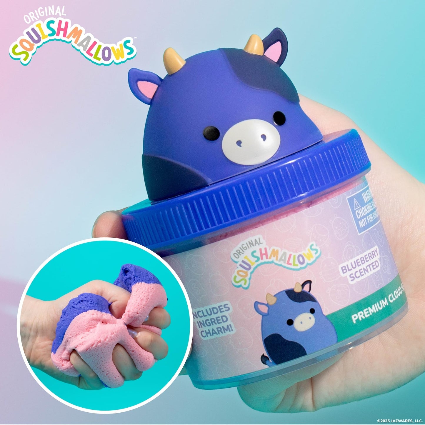 Squishmallows Ingrid The Cow Cloud Slime, 8 oz, Blueberry-Scented, Multi-Color Storage Container with Figurine Topper, Model 228940