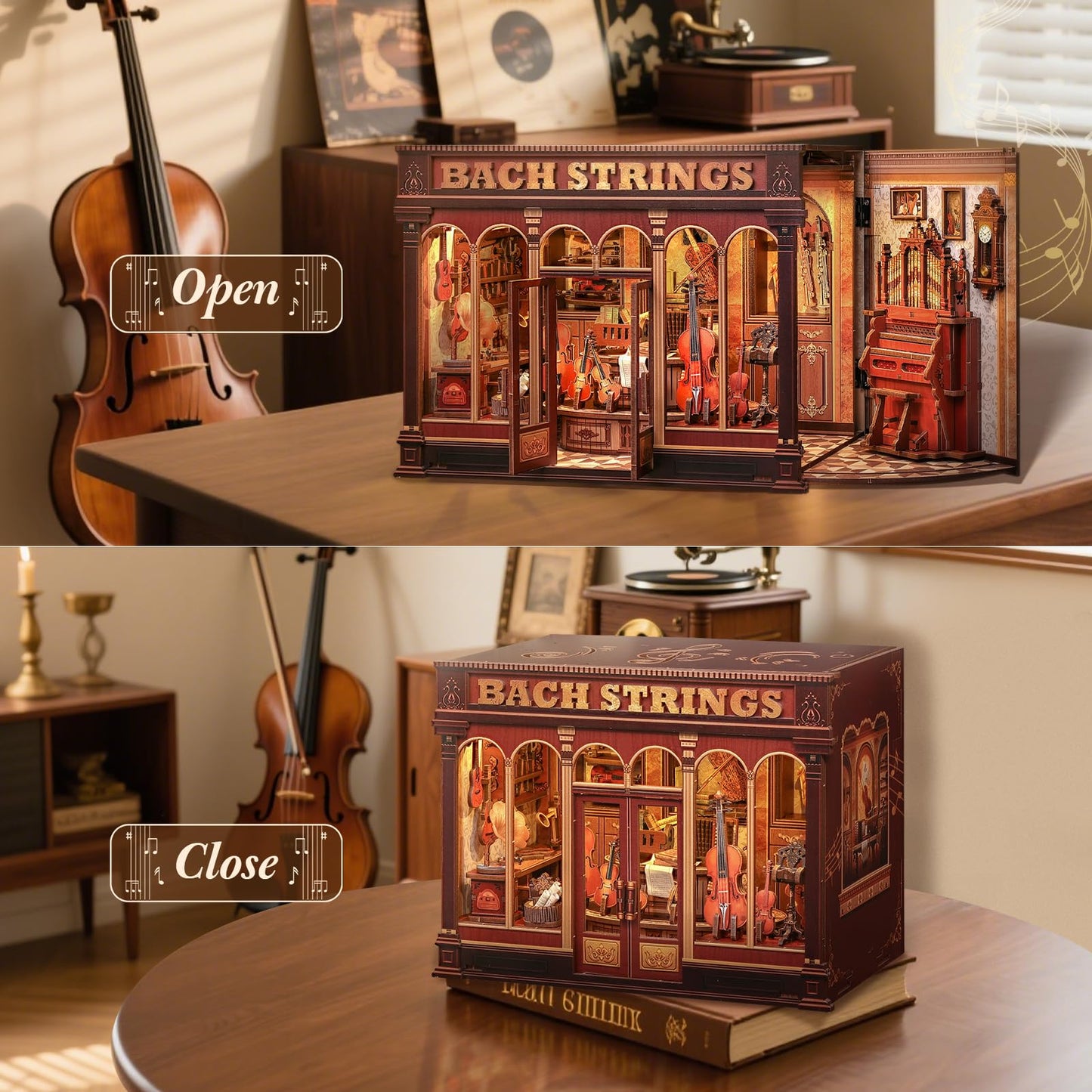 CUTEBEE Book Nook Kit - DIY Miniature House Dollhouse Kit for mature-themed and Teens  Booknook Bookshelf Decor Alley Model Build with LED Light  Gifts for Family and Friends (Bach Strings)