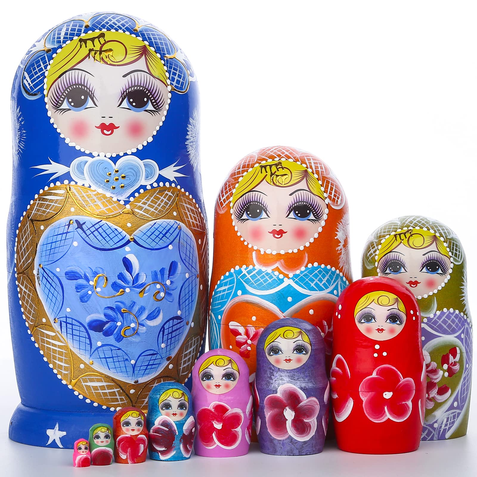 JoyNest Russian Nesting Dolls Matryoshka Wood Stacking Nested Set 10Pcs Blue Heart Shaped Girl Handmade Toys for Children Kids C