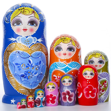 JoyNest Russian Nesting Dolls Matryoshka Wood Stacking Nested Set 10Pcs Blue Heart Shaped Girl Handmade Toys for Children Kids C