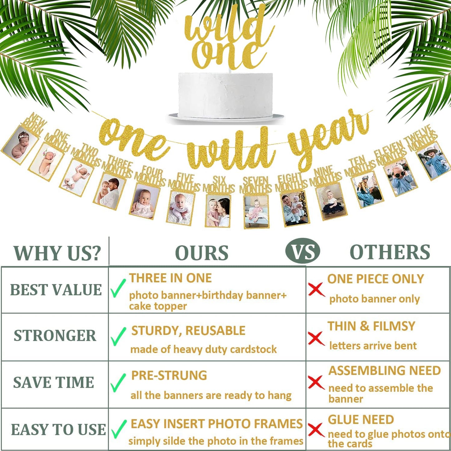 Wild One Birthday Decorations - Gold Glitter One Wild Year Banner + Baby 1St Birthday Photo Banner From Newborn To 12 Month - Sa