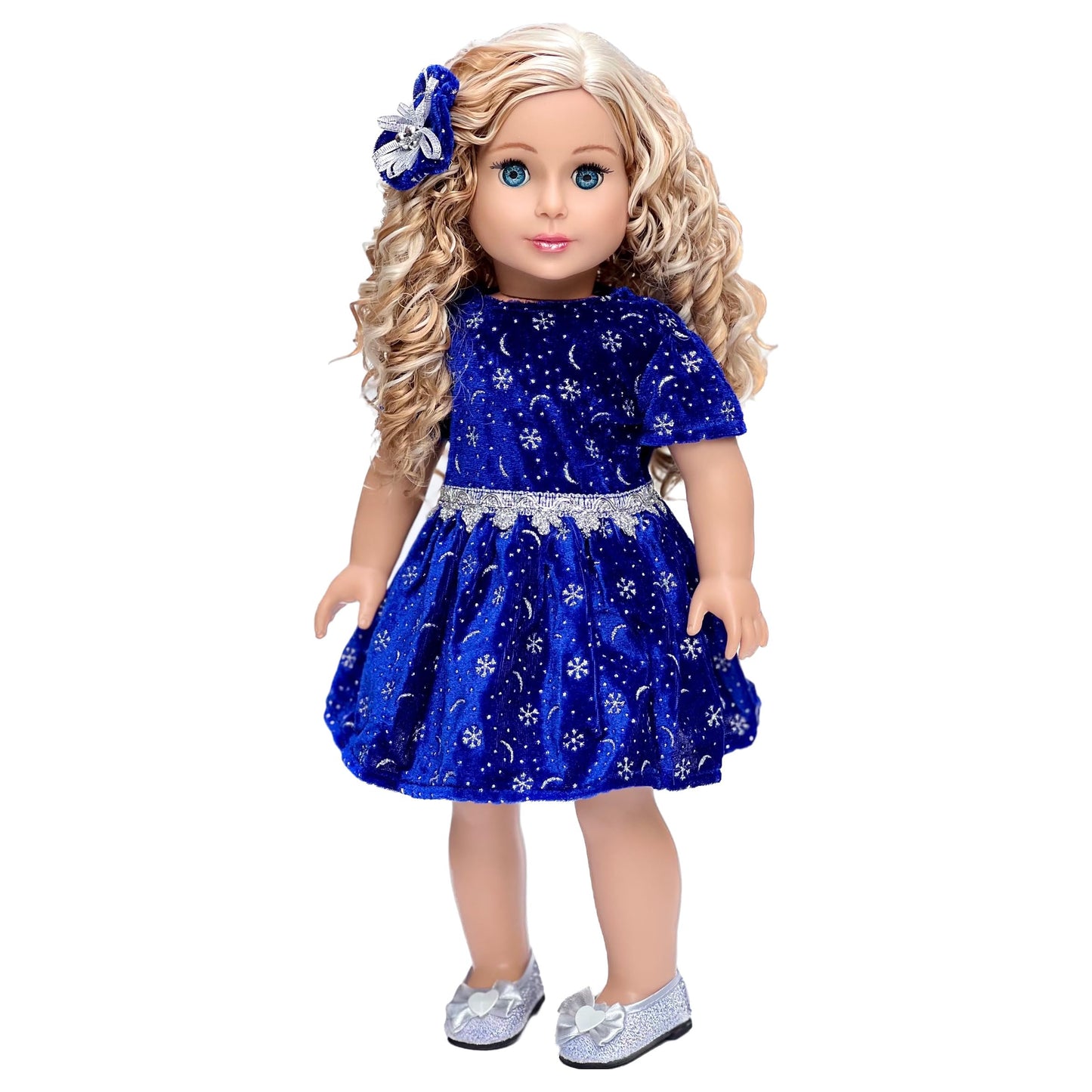 18 Inch Doll Clothes - Midnight Blue - 3 Piece Outfit - Dark Blue Sparkling Holiday Dress With Matching Silver Shoes And Headpiece - Clothes Fits American 18 Inch Doll (Doll Not Included)