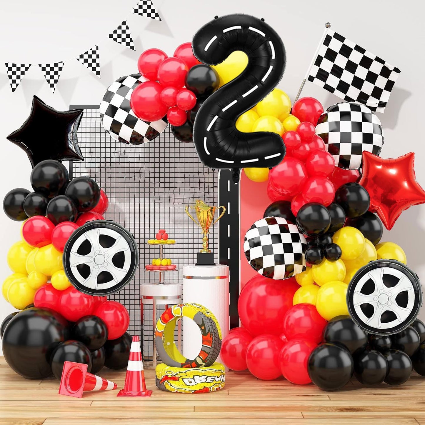 Eostankr Race Car Birthday Balloons - 40" Black Number 2 Mylar Balloon, 7 Pcs, Race Car Theme Party Decor