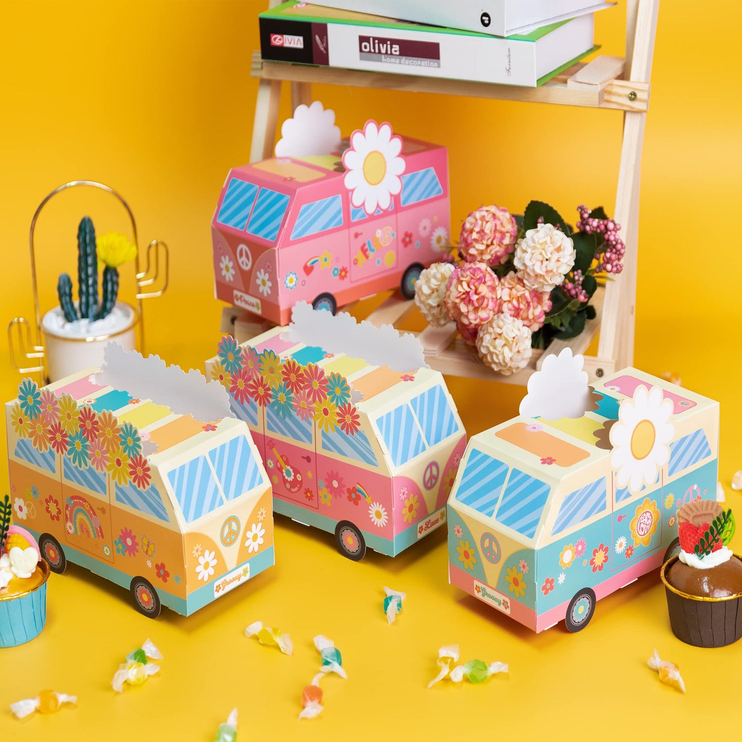 ANGOLIO 12Pcs Groovy Party Favor Boxes Groovy Hippie Peace Bus Centerpiece Birthday Party Decorations Peace Signs Daisies Rainbo