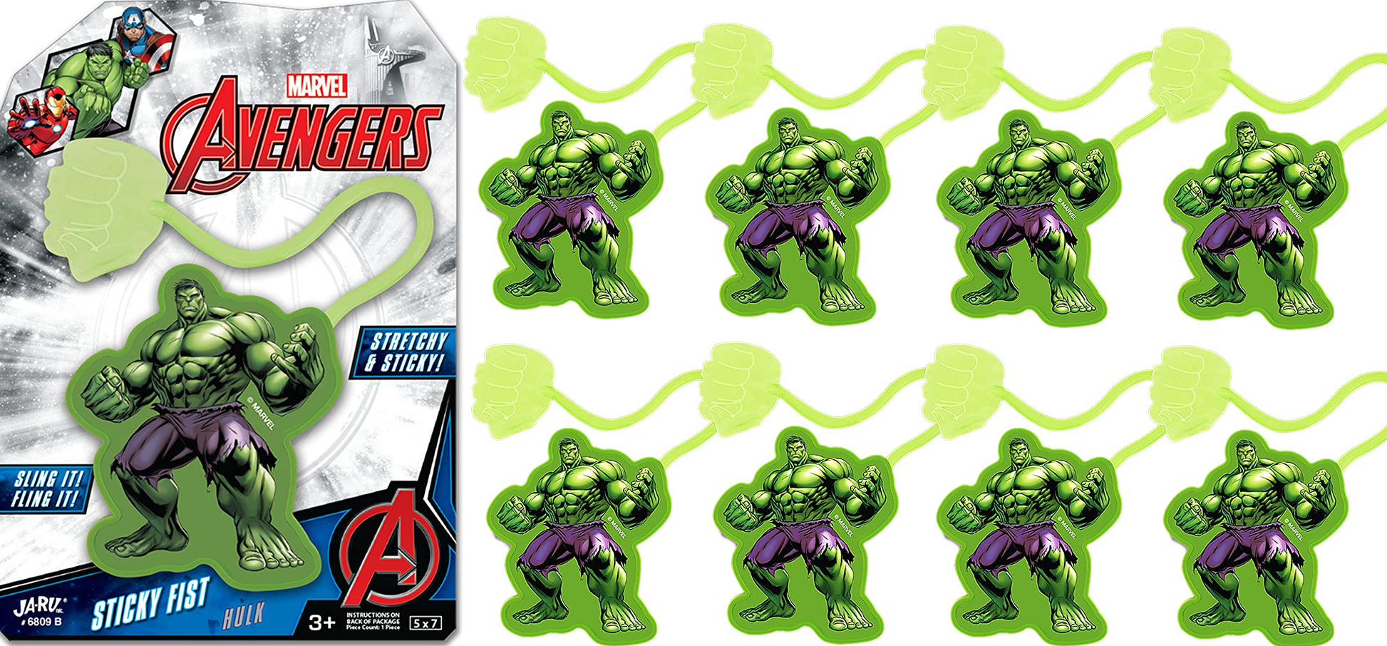Ja-Ru Marvel Hulk Sticky Hands Stretchy Toys (8 Hulk Packs) Superheroes Stretchy Snap Hands Bulk Birthday Supplies For Kids, Pinata Filler, Stocking Stuffers In Bulk B-6809-8