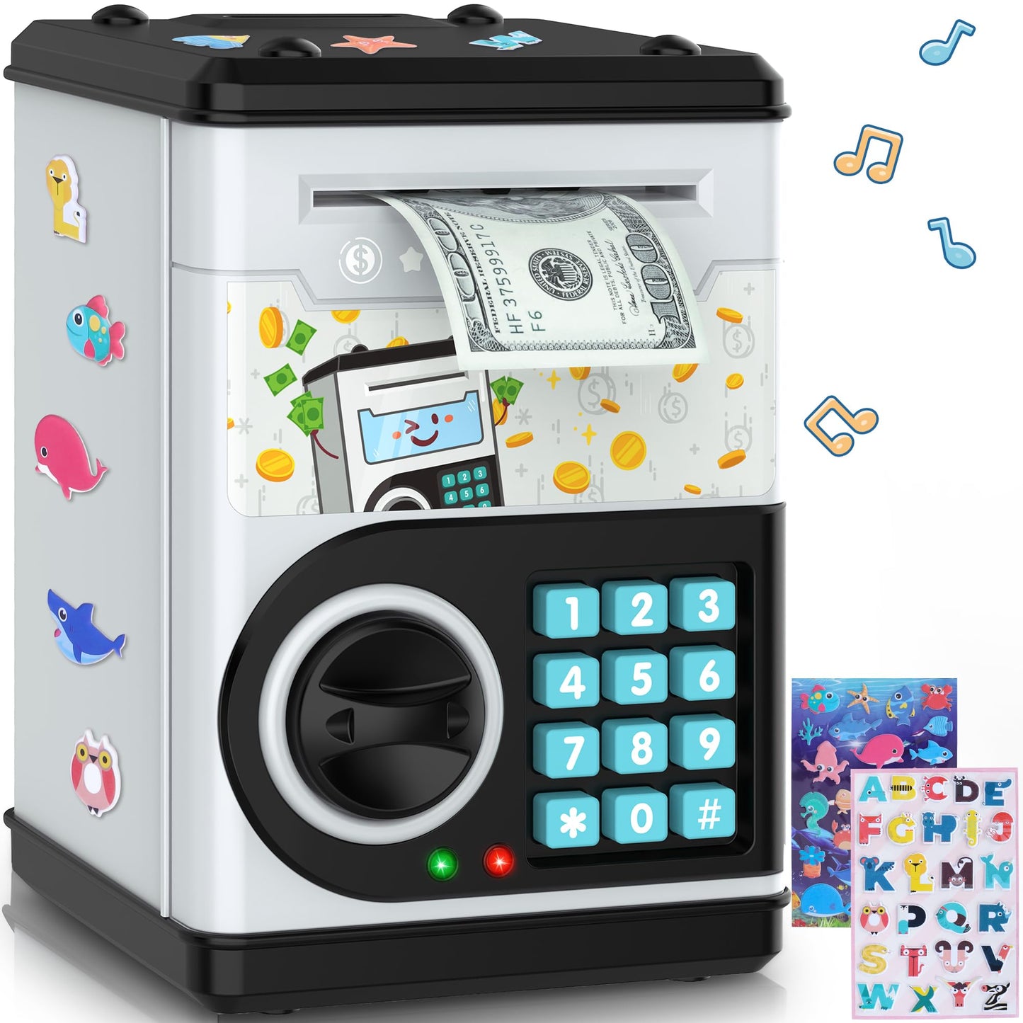 Gray Piggy Bank For Kids With Password Code Lock And Auto Grab Bill Slot, Philaeec Real Money Cash Coin Can Saving Box Electroni